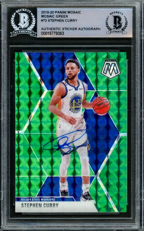 Men's basketball card sports memorabilia -Stephen Curry Autographed 2019-20 Panini Green Mosaic Prizm Card #70 Golden State Warriors Beckett BAS #15779363