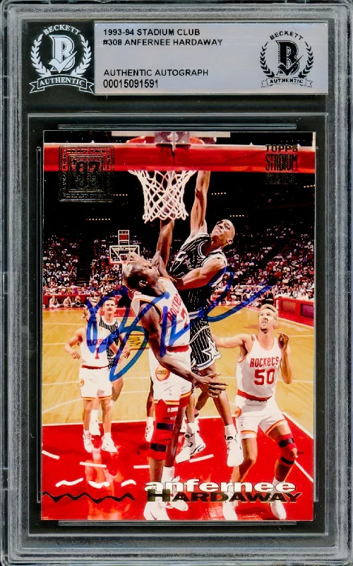 Men's basketball card player highlight -Anfernee Penny Hardaway Autographed 1993-94 Stadium Club Rookie Card #308 Orlando Magic Beckett BAS #15091591