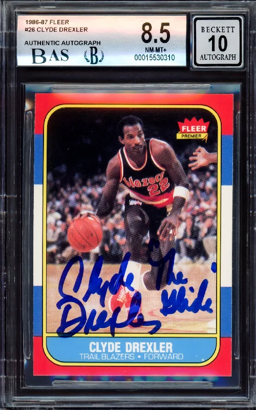 Men's basketball card stylish package -Clyde Drexler Autographed 1986-87 Fleer Rookie Card #26 Portland Trail Blazers BGS 8.5 Auto Grade Gem Mint 10 "The Glide" Beckett BAS #15530310