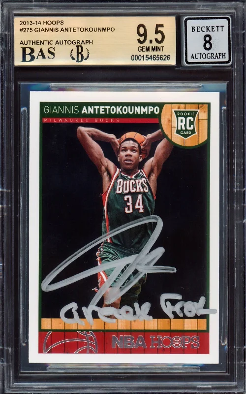 Men's basketball card price range -Giannis Antetokounmpo Autographed 2013-14 Hoops Rookie Card #275 Milwaukee Bucks BGS 9.5 Auto Grade Near Mint/Mint 8 "Greek Freak" Beckett BAS #15465626