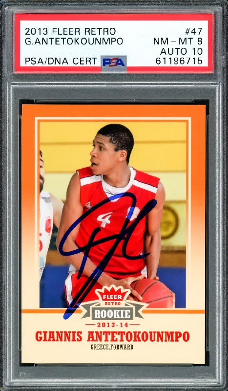 Men's basketball card durable card -Giannis Antetokounmpo Autographed 2013 Fleer Retro Rookie Card #47 Milwaukee Bucks PSA 8 Auto Grade Gem Mint 10 PSA/DNA #61196715