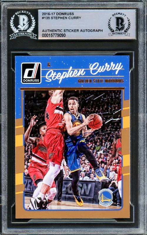 Men's basketball card player cards -Stephen Curry Autographed 2016-17 Donruss Card #135 Golden State Warriors Beckett BAS Stock #216841