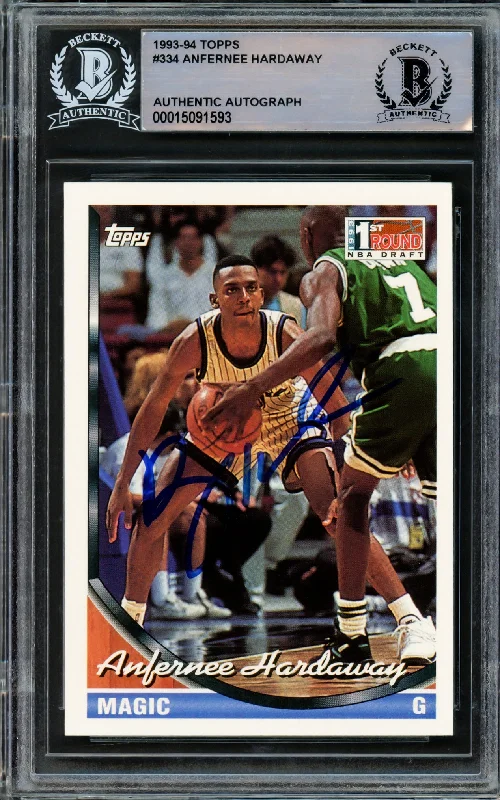 Men's basketball card bold design -Anfernee Hardaway Autographed 1993-94 Topps Rookie Card #334 Orlando Magic Beckett BAS Stock #210834