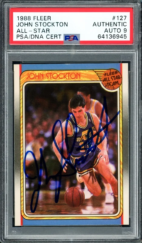 Men's basketball card collector’s item -John Stockton Autographed 1988-89 Fleer All Star Rookie Card #127 Utah Jazz Auto Grade Mint 9 PSA/DNA #64136945