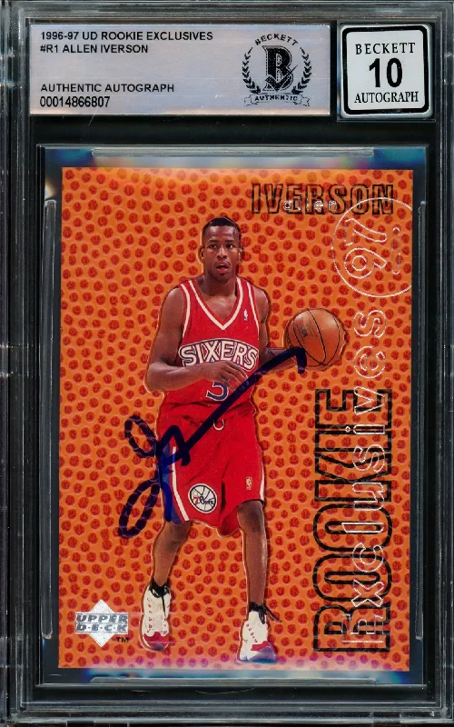 Men's basketball card affordable packs -Allen Iverson Autographed 1996-97 Upper Deck Rookie Exclusives Rookie Card #R1 Philadelphia 76ers Auto Grade Gem Mint 10 Beckett BAS #14866807