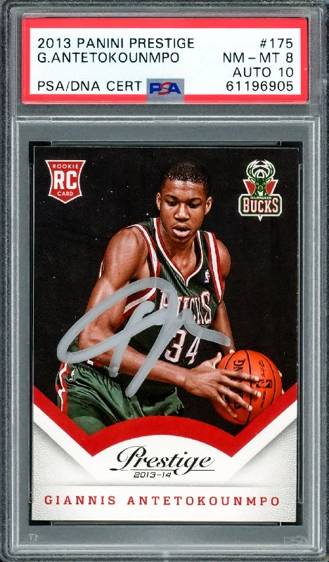 Men's basketball card rare deal -Giannis Antetokounmpo Autographed 2013 Panini Prestige Rookie Card #175 Milwaukee Bucks PSA 8 Auto Grade Gem Mint 10 PSA/DNA #61196905