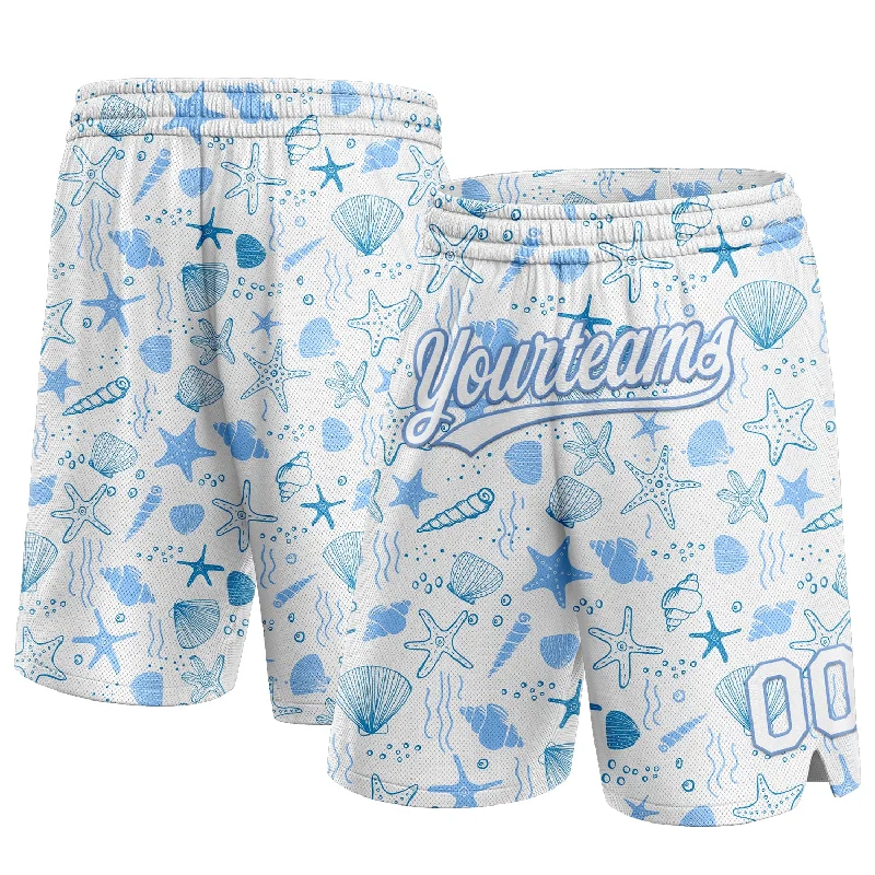 Men's basketball shorts rugged-urban -Custom White Light Blue 3D Pattern Starfishs And Shells Authentic Basketball Shorts