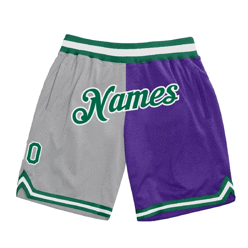 Men's basketball shorts hybrid-fit -Custom Gray Kelly Green-Purple Authentic Throwback Split Fashion Basketball Shorts