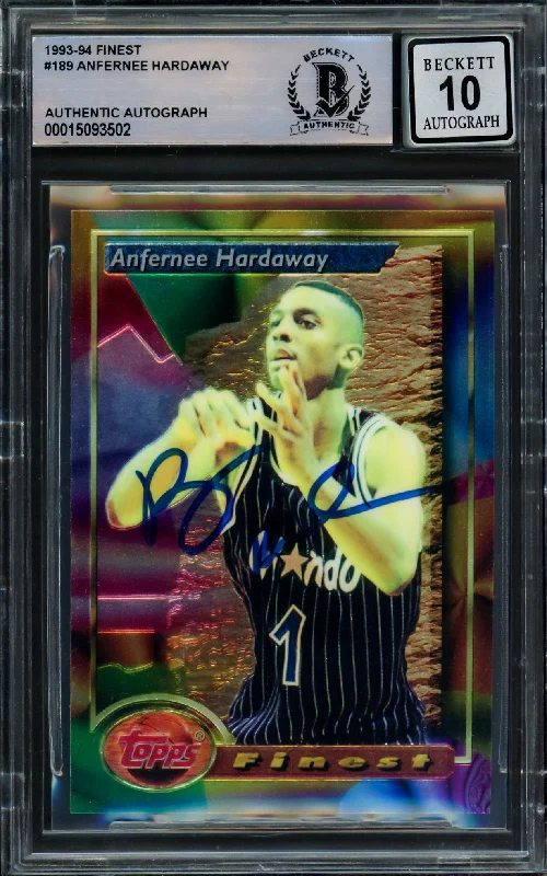 Men's basketball card trading event -Anfernee Hardaway Autographed 1993-94 Topps Finest Rookie Card #189 Orlando Magic Auto Grade Gem Mint 10 Beckett BAS Stock #211052