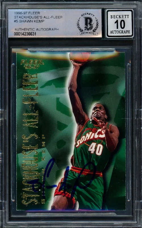 Men's basketball card leading brands -Shawn Kemp Autographed 1996 Fleer Stackhouse's All-Fleer Card #5 Seattle Super Sonics Auto Grade Gem Mint 10 Beckett BAS #14236631