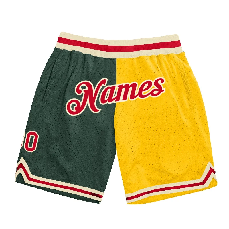 Men's basketball shorts dynamic-hybrid -Custom Hunter Green Red-Gold Authentic Throwback Split Fashion Basketball Shorts