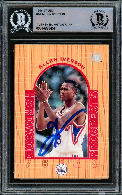 Men's basketball card custom series -Allen Iverson Autographed 1996-97 UD3 Hardwood Prospects Rookie Card #14 Philadelphia 76ers Beckett BAS #14863451