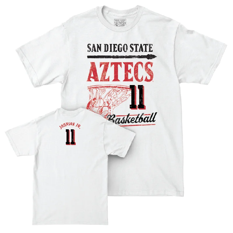 Men's basketball T-shirt unique top -SDSU Men's Basketball White Hardwood Comfort Colors Tee - Demarshay Johnson Jr. #11