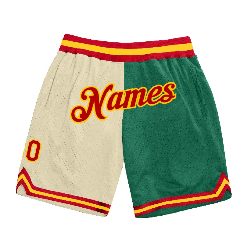 Men's basketball shorts stretch-hybrid -Custom Cream Red-Kelly Green Authentic Throwback Split Fashion Basketball Shorts