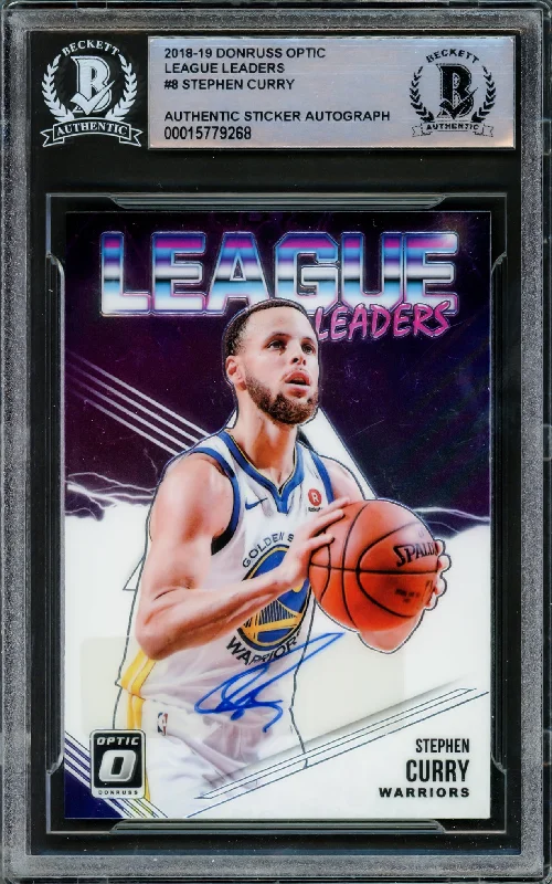 Men's basketball card protective sleeve -Stephen Curry Autographed 2018-19 Donruss Optic League Leaders Card #8 Golden State Warriors Beckett BAS #15779268