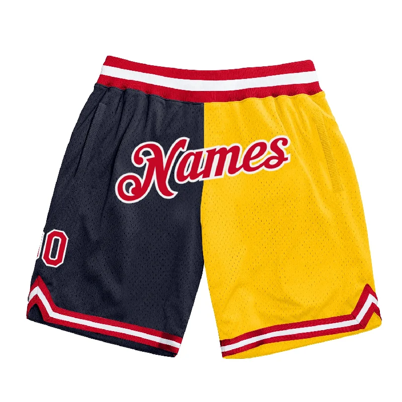 Men's basketball shorts breathable-hybrid -Custom Navy Red-Gold Authentic Throwback Split Fashion Basketball Shorts