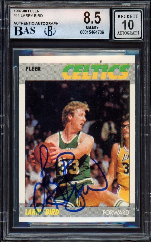 Men's basketball card size variation -Larry Bird Autographed 1987-88 Fleer Card #11 Boston Celtics BGS 8.5 Auto Grade Gem Mint 10 Beckett BAS #15464739