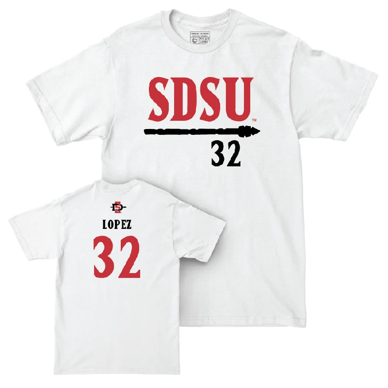 Men's basketball T-shirt light combo -SDSU Men's Basketball White Staple Comfort Colors Tee - Desai Lopez #32