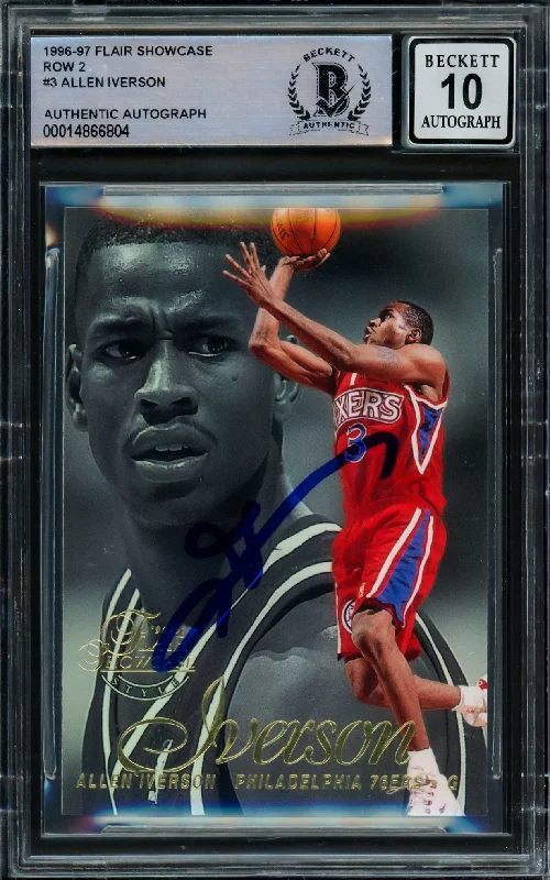 Men's basketball card foil overlay -Allen Iverson Autographed 1996-97 Flair Showcase Rookie Card #Row 2 Philadelphia 76ers Auto Grade Gem Mint 10 Beckett BAS #14866804