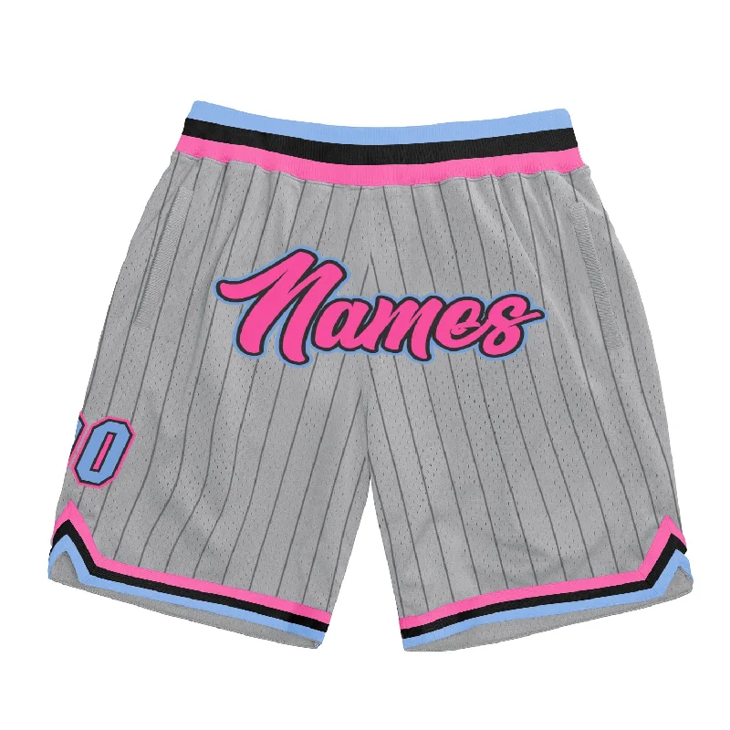 Men's basketball shorts league-ready -Custom Gray Black Pinstripe Pink-Light Blue Authentic Basketball Shorts