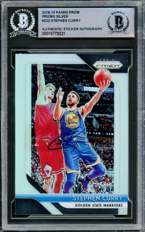 Men's basketball card foil accents -Stephen Curry Autographed 2018-19 Panini Silver Prizm Card #222 Golden State Warriors Beckett BAS #15779221