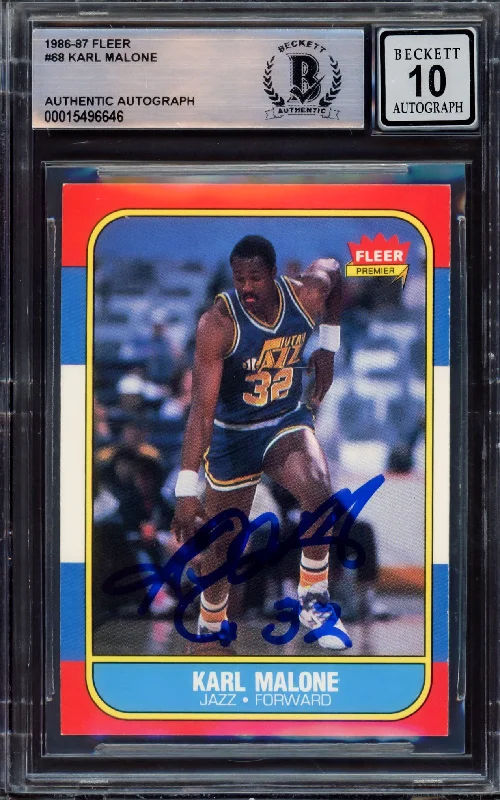 Men's basketball card lightweight sale -Karl Malone Autographed 1986-87 Fleer Rookie Card #68 Utah Jazz Auto Grade Gem Mint 10 Beckett BAS #15496646