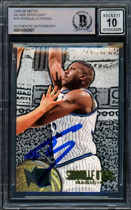 Men's basketball card star player -Shaquille "Shaq" O'Neal Autographed 1995-96 Fleer Metal Silver Spotlight Card #78 Orlando Magic Auto Grade Gem Mint 10 Beckett BAS #14392907