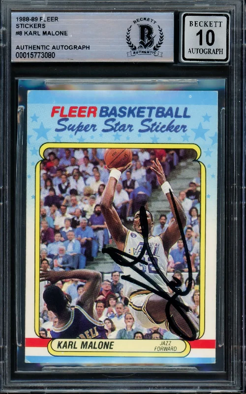 Men's basketball card high-impact card -Karl Malone Autographed 1988-89 Fleer Sticker Card #8 Utah Jazz Auto Grade Gem Mint 10 Beckett BAS #15773080