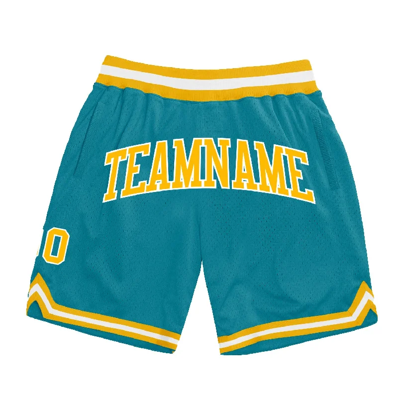 Men's basketball shorts sleek-performance -Custom Teal Gold-White Authentic Throwback Basketball Shorts