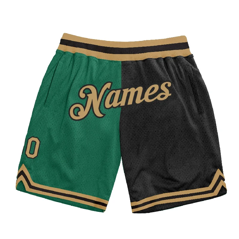 Men's basketball shorts active-rugged -Custom Kelly Green Old Gold-Black Authentic Throwback Split Fashion Basketball Shorts