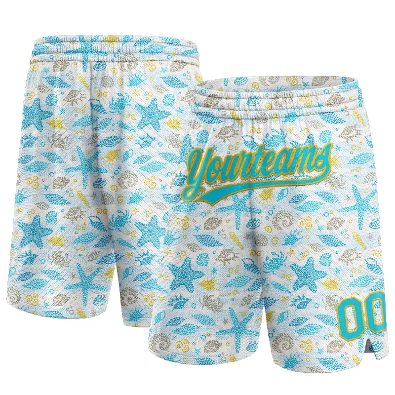 Men's basketball shorts muted-fit -Custom White Lakes Blue-Gold 3D Pattern Starfishs And Shells Authentic Basketball Shorts