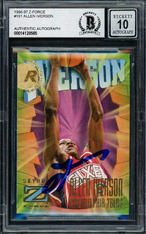 Men's basketball card sports collectible -Allen Iverson Autographed 1996-97 Skybox Z Force Rookie Card #151 Philadelphia 76ers Auto Grade Gem Mint 10 Beckett BAS #14128585