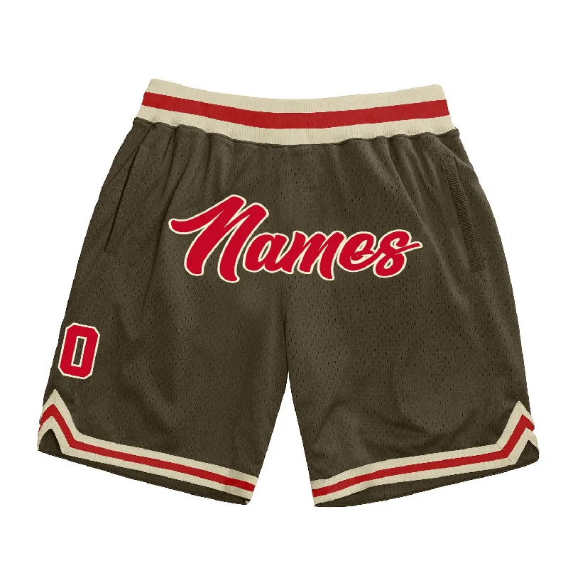 Men's basketball shorts sport-rugged -Custom Olive Red-Cream Authentic Throwback Salute To Service Basketball Shorts