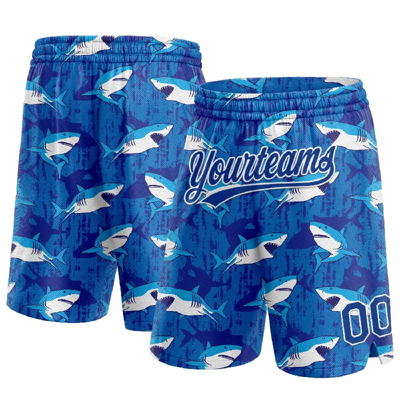 Men's basketball shorts relaxed-urban -Custom Royal White 3D Pattern Sharks Authentic Basketball Shorts