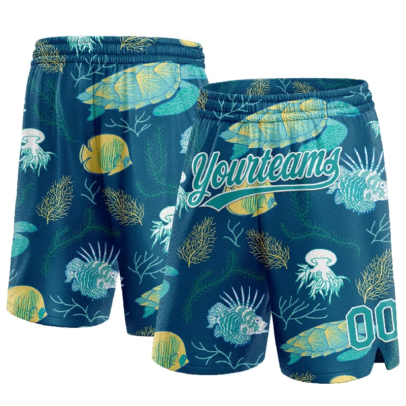 Men's basketball shorts active-rugged -Custom Midnight Green Teal-White 3D Pattern Aquatic Plants And Sea Turtles Authentic Basketball Shorts