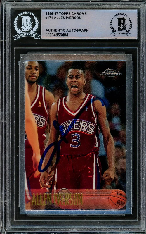 Men's basketball card rare collection -Allen Iverson Autographed 1996-97 Topps Chrome Rookie Card #171 Philadelphia 76ers Beckett BAS #14863454