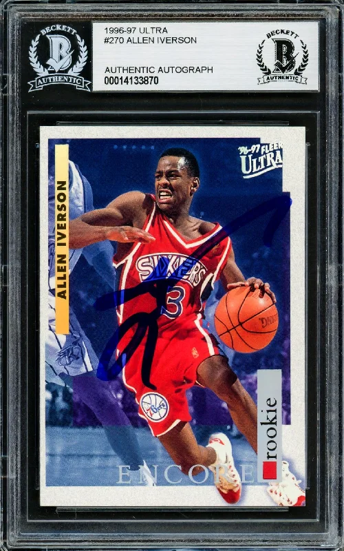 Men's basketball card crew lineup -Allen Iverson Autographed 1996-97 Fleer Ultra Rookie Card #270 Philadelphia 76ers Beckett BAS #14133870