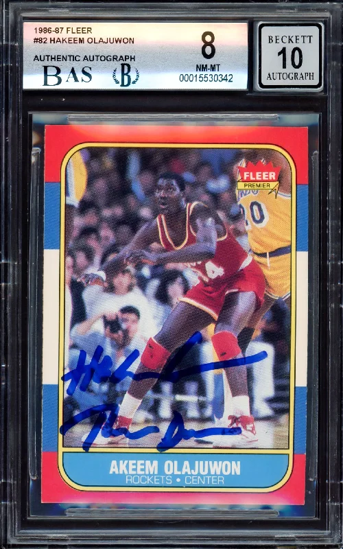 Men's basketball card pro package -Hakeem Olajuwon Autographed 1986-87 Fleer Rookie Card #82 Houston Rockets BGS 8 Auto Grade Gem Mint 10 "The Dream" Beckett BAS #15530342