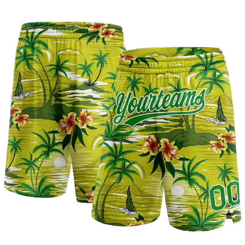 Men's basketball shorts urban-hybrid -Custom Neon Green Grass Green-White 3D Pattern Tropical Hawaii Palm Trees Authentic Basketball Shorts