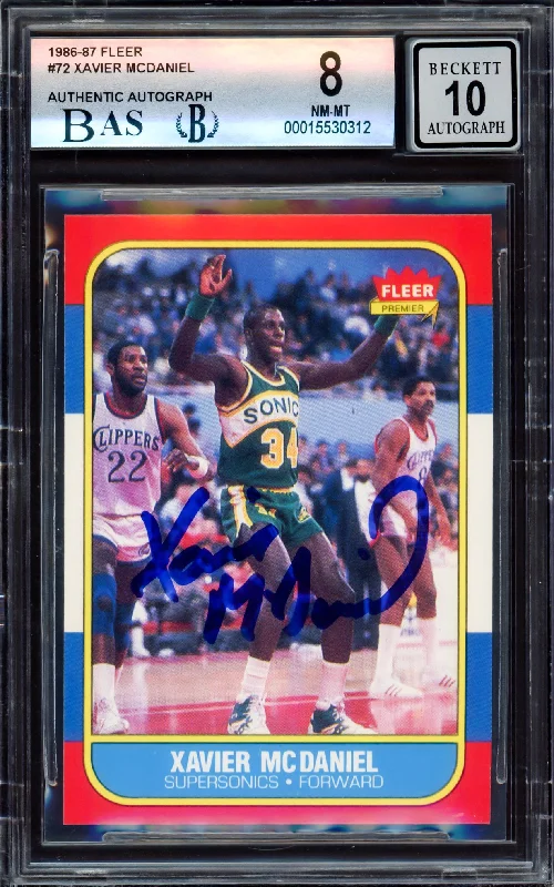 Men's basketball card player treasury -Xavier McDaniel Autographed 1986-87 Fleer Rookie Card #72 Seattle SuperSonics BGS 8 Auto Grade Gem Mint 10 Beckett BAS #15530312