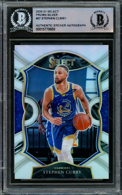 Men's basketball card limited print -Stephen Curry Autographed 2020-21 Panini Select Silver Prizm Card #57 Golden State Warriors Beckett BAS #15779659