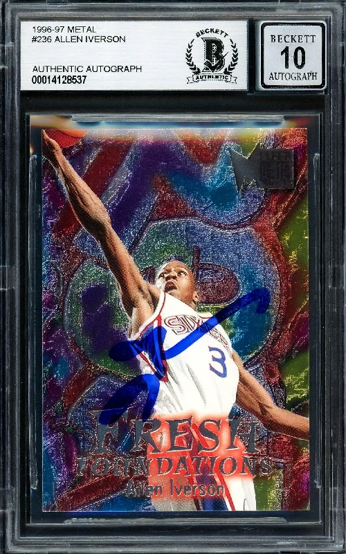 Men's basketball card foil overlay -Allen Iverson Autographed 1996-97 Fleer Metal Fresh Foundations Rookie Card #236 Philadelphia 76ers Auto Grade Gem Mint 10 Beckett BAS Stock #205770