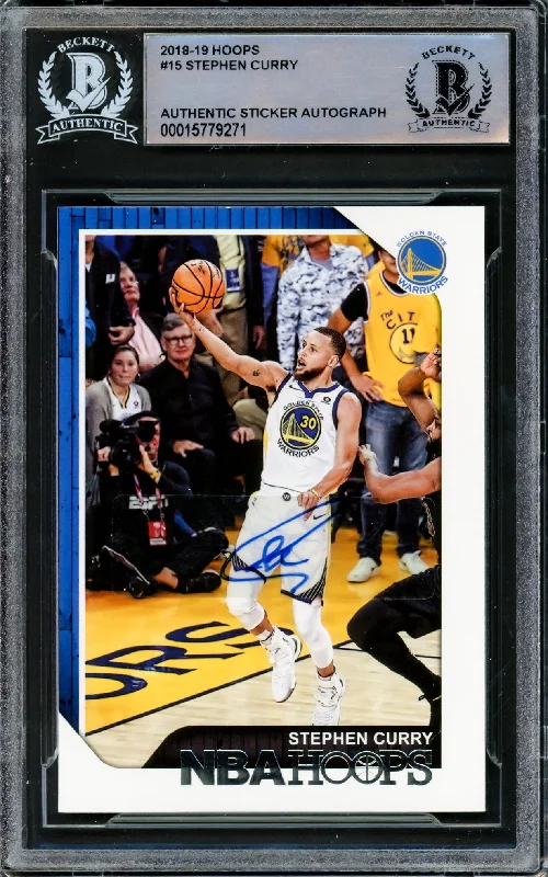 Men's basketball card team emblem -Stephen Curry Autographed 2018-19 Hoops Card #15 Golden State Warriors Beckett BAS #15779271