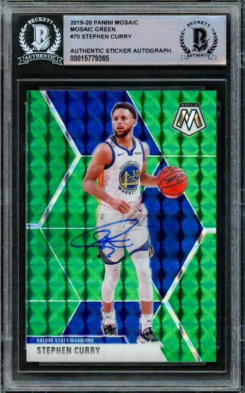 Men's basketball card jersey number -Stephen Curry Autographed 2019-20 Panini Green Mosaic Prizm Card #70 Golden State Warriors Beckett BAS #15779365