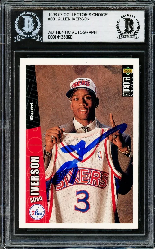 Men's basketball card rare lineup -Allen Iverson Autographed 1996-97 Upper Deck Collector's Choice Rookie Card #301 Philadelphia 76ers Beckett BAS Stock #203716