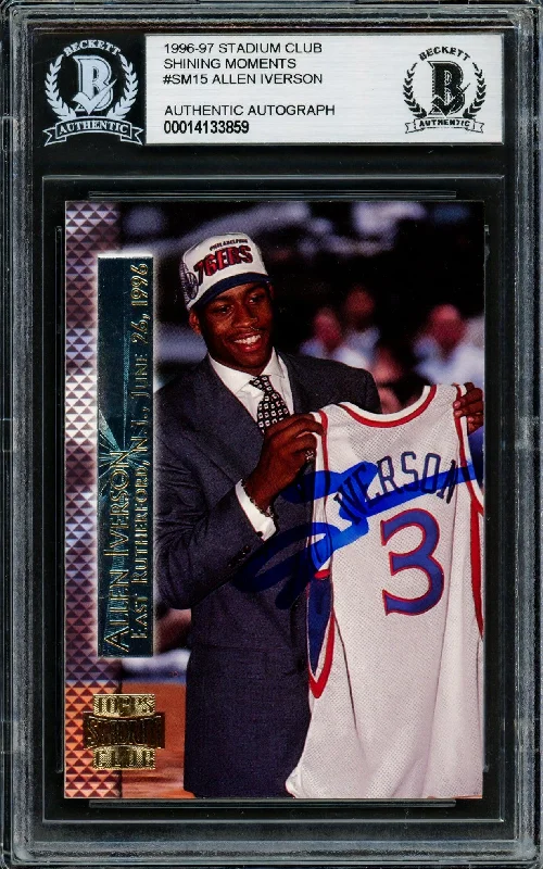 Men's basketball card sport lineup -Allen Iverson Autographed 1996-97 Stadium Club Shining Moments Rookie Card #SM15 Philadelphia 76ers Beckett BAS #14133859