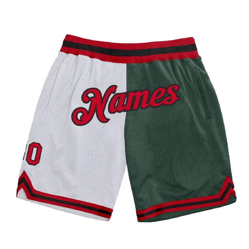 Men's basketball shorts moisture-elite -Custom White Red-Hunter Green Authentic Throwback Split Fashion Basketball Shorts