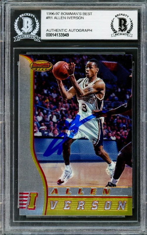 Men's basketball card athletic pose -Allen Iverson Autographed 1996-97 Bowman's Best Rookie Card #R1 Philadelphia 76ers Beckett BAS Stock #211230