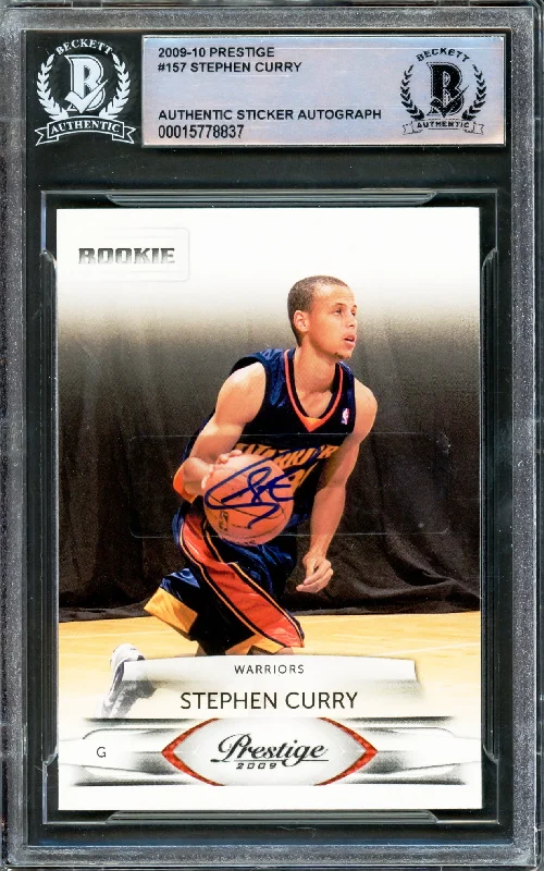 Men's basketball card name engraving -Stephen Curry Autographed 2009-10 Panini Prestige Rookie Card #157 Golden State Warriors Beckett BAS #15778837