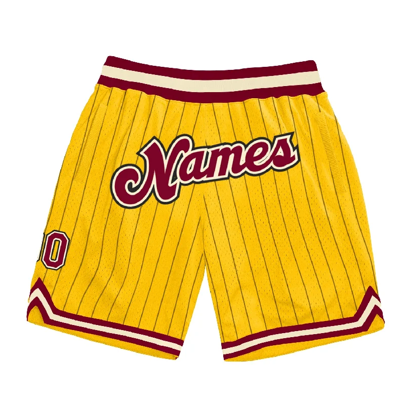 Men's basketball shorts breathable-pro -Custom Gold Black Pinstripe Maroon-Cream Authentic Basketball Shorts